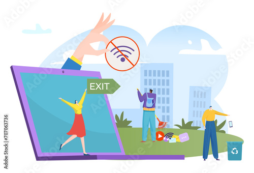 People escaping a giant smartphone, man holding exit sign, woman dancing, no wifi symbol. Digital detox concept, outdoors freedom. Vector illustration