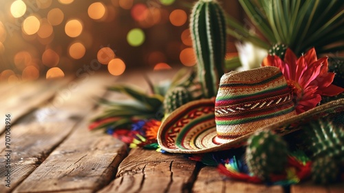 Cinco de Mayo holiday background with Mexican cactus and party sombrero hat on wooden table  photo