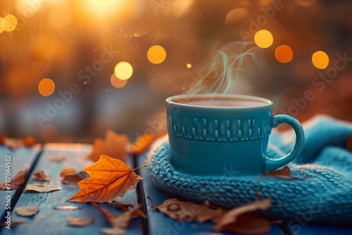 Cozy autumn themed picture. Centered coffee cup, surrended by leaves, cookies, pumpkin and other decorations. photo