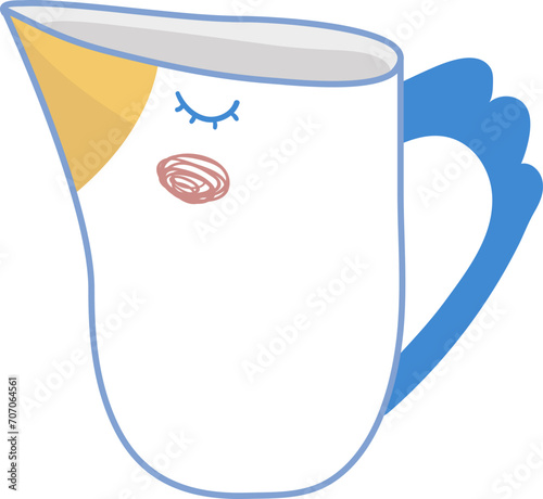 Cute animated cup with a sleepy face and blue wings. Adorable drinkware cartoon character with rosy cheeks vector illustration.
