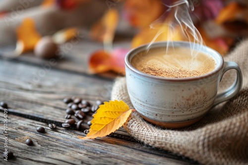 Cozy autumn themed picture. Centered coffee cup, surrended by leaves, cookies, pumpkin and other decorations. photo