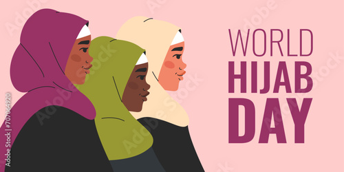 World hijab day. Different women in Islamic religious clothing. Web banner in flat style.