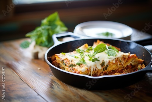 lasagna in cast iron skillet on a rustic wooden table