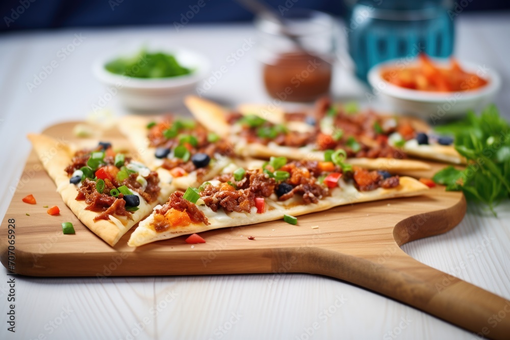 sliced turkish pide with minced meat topping on wooden board sliced turkish pide with minced meat topping on wooden board