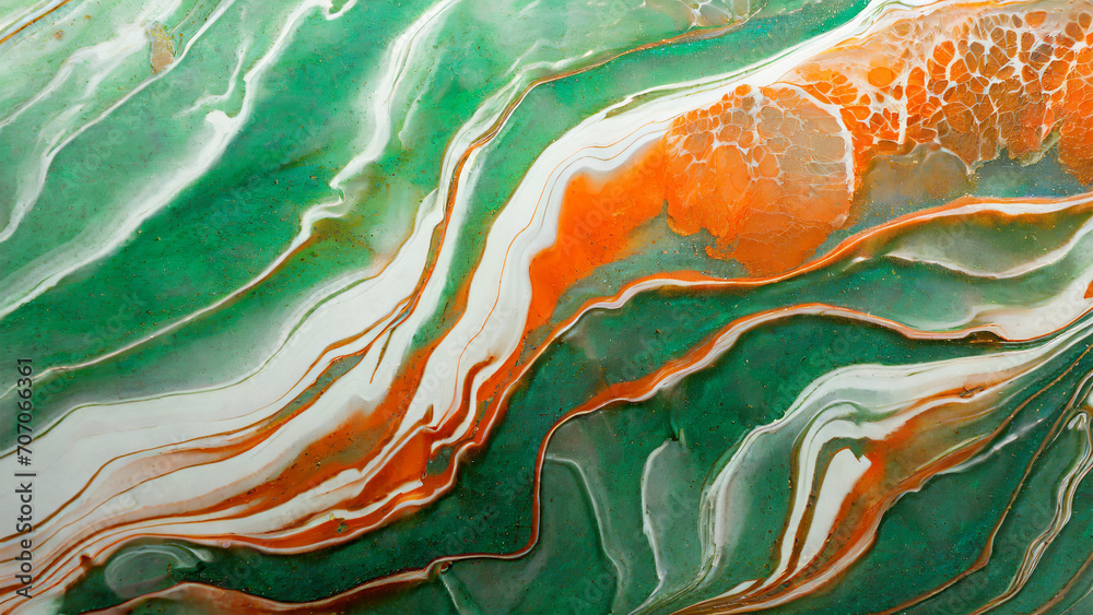 Obraz premium Beautiful Alcohol Ink Art Background, Orange, Green and White Color theme, marble design, Ink art background