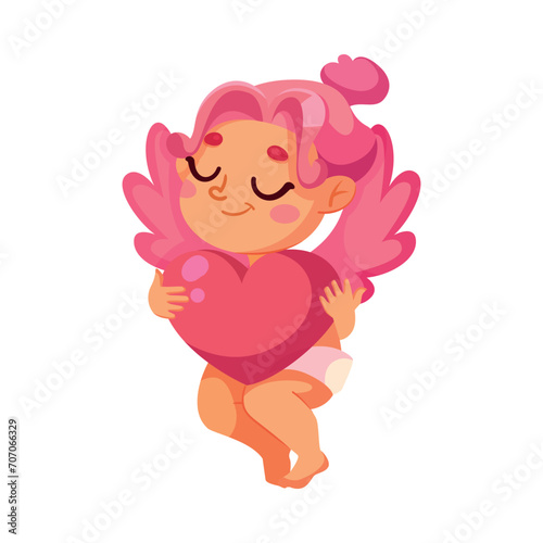 Cupid Baby Girl with Pink Wings Hold Heart Vector Illustration
