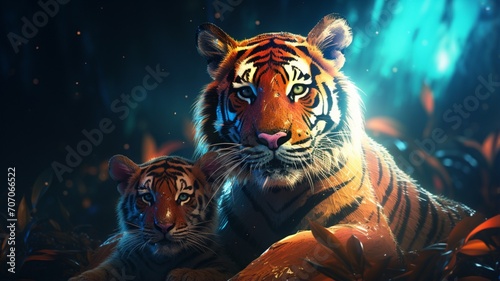 Tiger caressing its calf neon glowing illustration picture Ai generated art