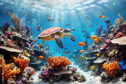 Vibrant underwater scene a coral reef with colorful fish and a gentle sea turtle swimming photo