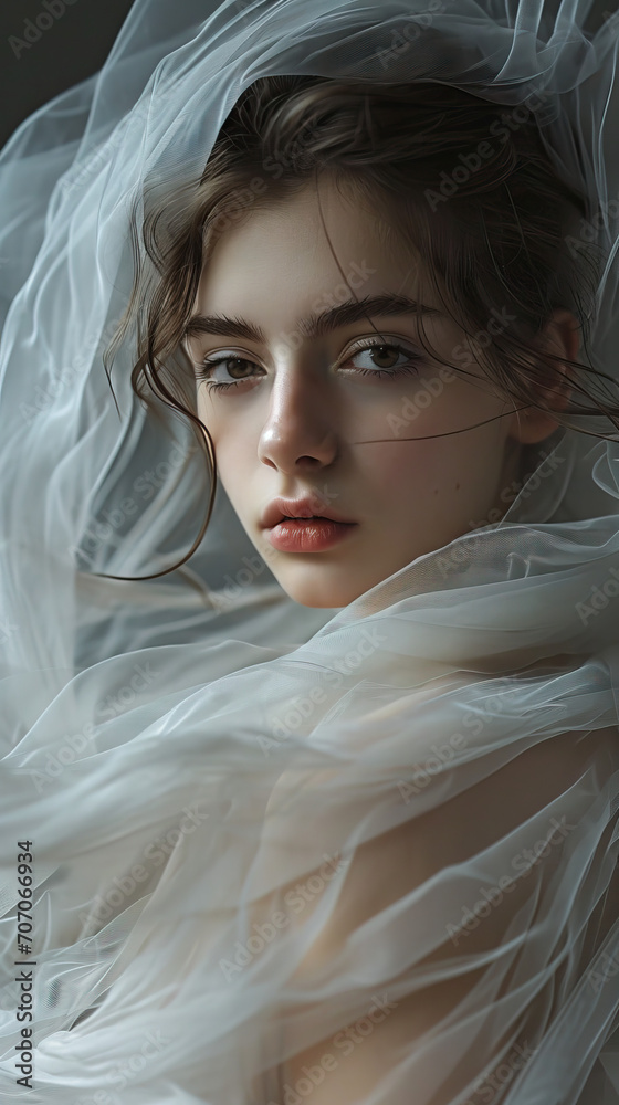 Gentle portrait of a beautiful girl wrapped in tulle, capturing a sense of softness and grace