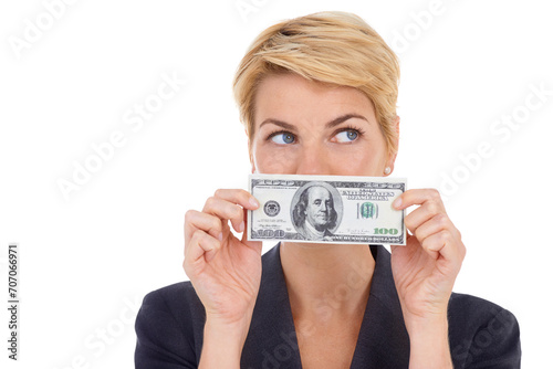 Dollar, secret or businesswoman in studio on a white background for corruption or silence. Cover mouth, illegal payment or corrupt financial manager with cash for bribery, fraud or money laundering