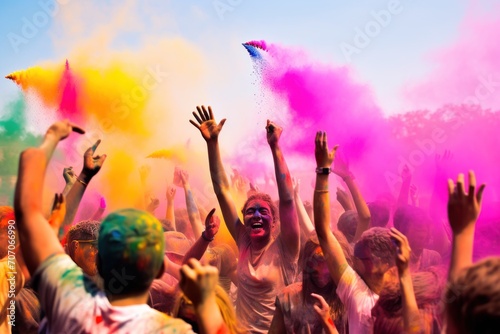 Unidentified people at the Holi festival. View of unknowns people attending a religious ceremony. Colorful Holi. Portrait of happy friends at holi color festival. Holi Celebration. Holi Concept.