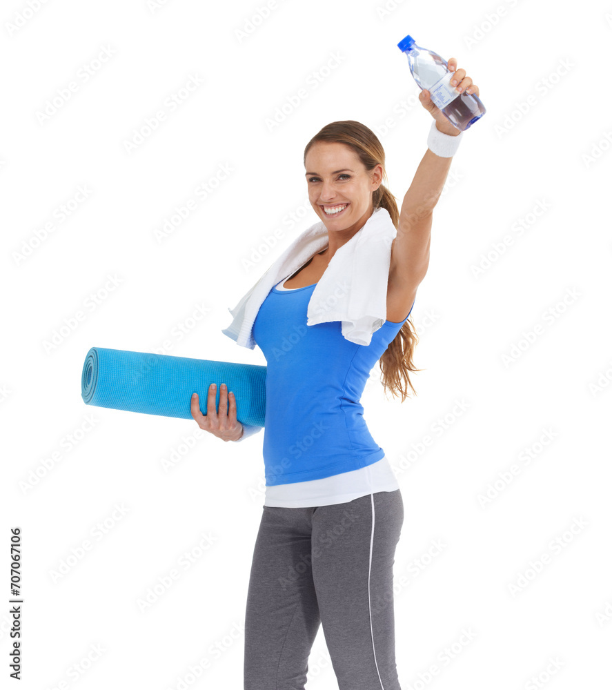 Yoga mat, water bottle and portrait of woman in studio for exercise, training or workout. Happy, fitness and young female person with hydration drink for sports isolated by white background. Yoga mat, water bottle and portrait of woman in studio for exercise, training or workout. Happy, fitness and young female person with hydration drink for sports isolated by white background.