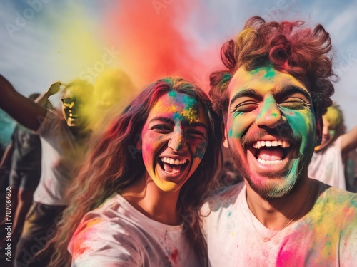 Unidentified people at the Holi festival. View of unknowns people attending a religious ceremony. Colorful Holi. Portrait of happy friends at holi color festival. Holi Celebration. Holi Concept. © John Martin