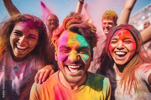 Unidentified people at the Holi festival. View of unknowns people attending a religious ceremony. Colorful Holi. Portrait of happy friends at holi color festival. Holi Celebration. Holi Concept.