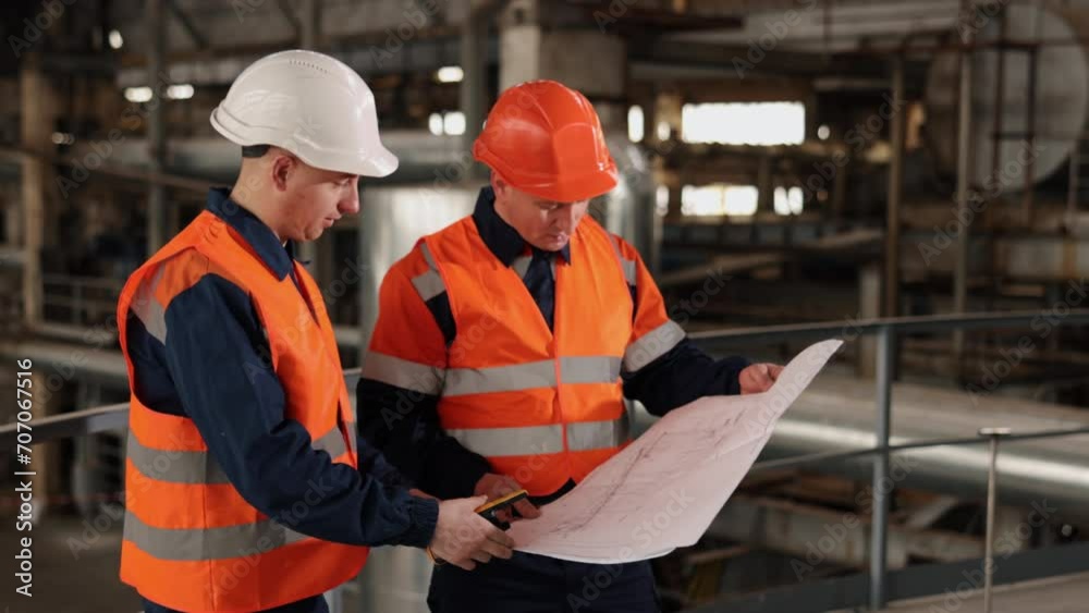 Design confirmation, Engineer perspective, Drawing consultation. Construction diagrams are subject of detailed review by engineer and worker inside factory. Design confirmation, Engineer perspective, Drawing consultation. Construction diagrams are subject of detailed review by engineer and worker inside factory.