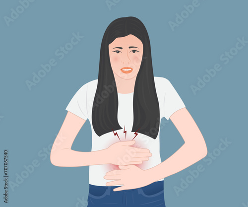 Beautiful young woman with long hair suffering from menstrual cramps or gastritis. Vector illustration.