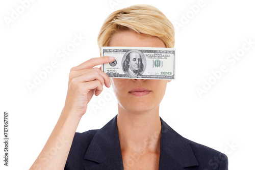 Business woman with cash on face, dollars and bonus prize opportunity isolated on white background. Money, budget and economic resources, lady with financial win or credit funding payment in studio.
