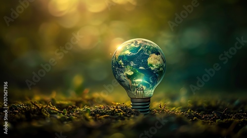 Light bulb in the grass with the world in it. Save the world. clean energy.