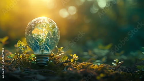 Light bulb in the grass with the world in it. Save the world. clean energy. photo