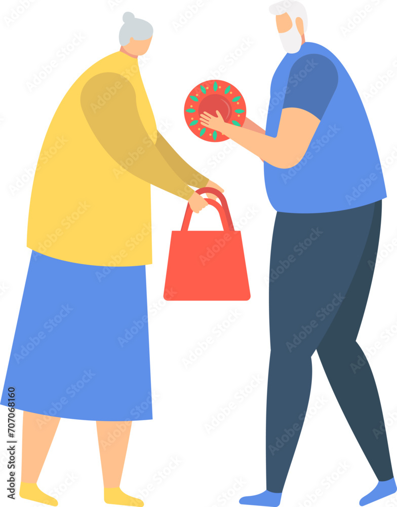 Elderly couple exchanging gifts, senior man gives a donut, woman with handbag. Generosity and gift-giving concept in old age vector illustration. Elderly couple exchanging gifts, senior man gives a donut, woman with handbag. Generosity and gift-giving concept in old age vector illustration.