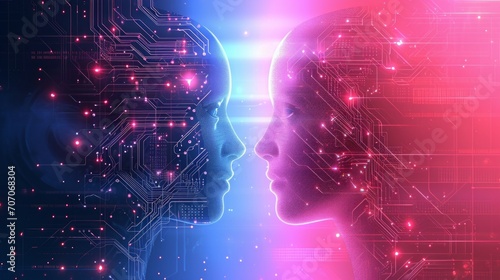 Big data, artificial intelligence, machine learning in online face-to-face marketing concept in form of two woman face
