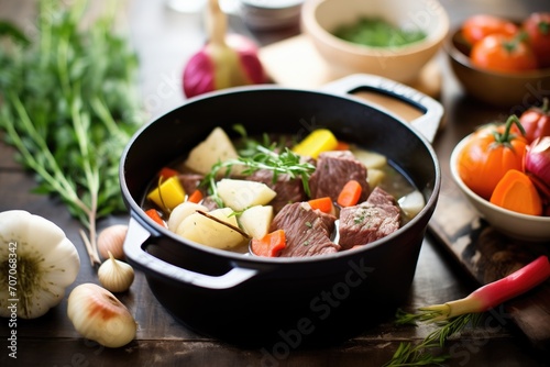 chunky beef stew in a cast iron pot, surrounded by raw ingredients