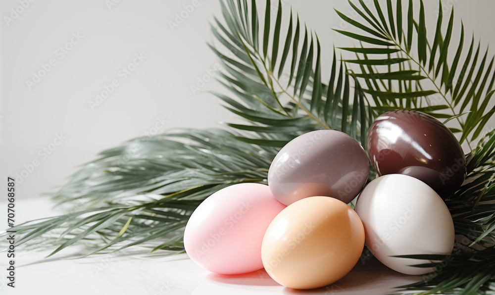 A white background with colorful easter eggs and leaves. Created by artificial intelligence. A white background with colorful easter eggs and leaves. Created by artificial intelligence.