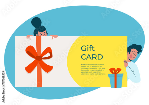 Two cartoon characters holding a large gift card and a gift box with a bow. Excited young man and woman with a present, surprise concept. Celebration and giving gift vector illustration