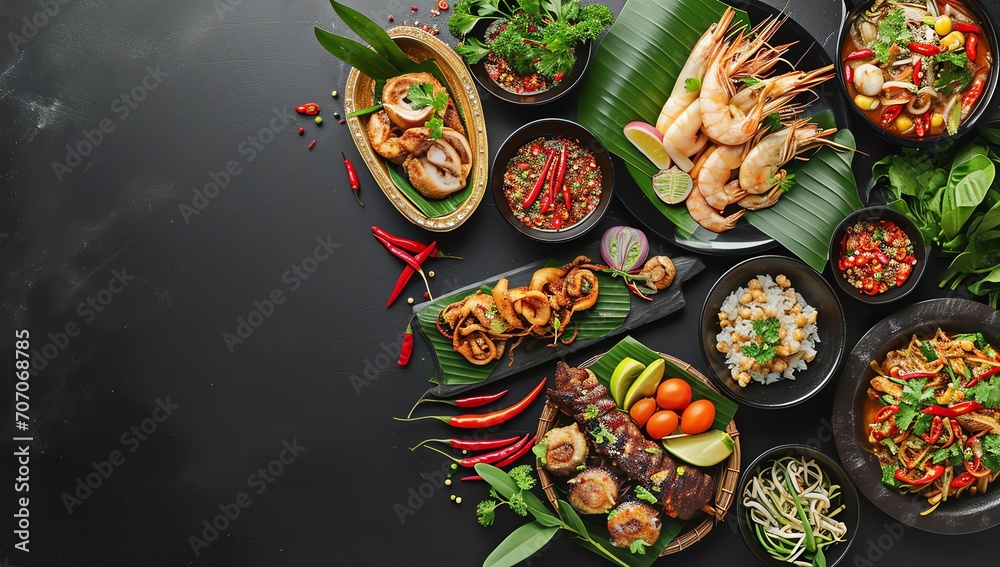 vegetables and shrimps on a black plate