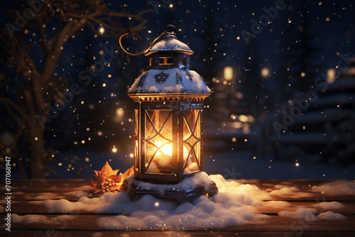 Lantern as house in snow with candle