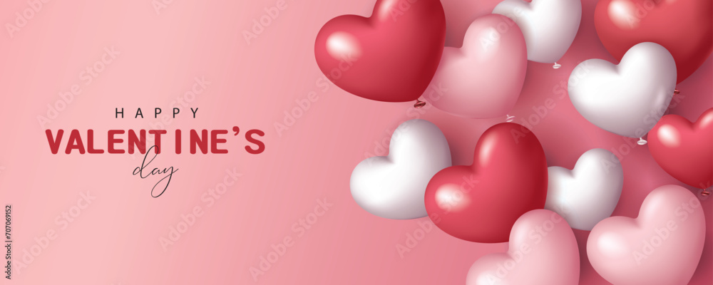 Valentine's day banner with flying balloons on pink background. Vector illustration for banner, poster, flyer, greeting card and advertisement.