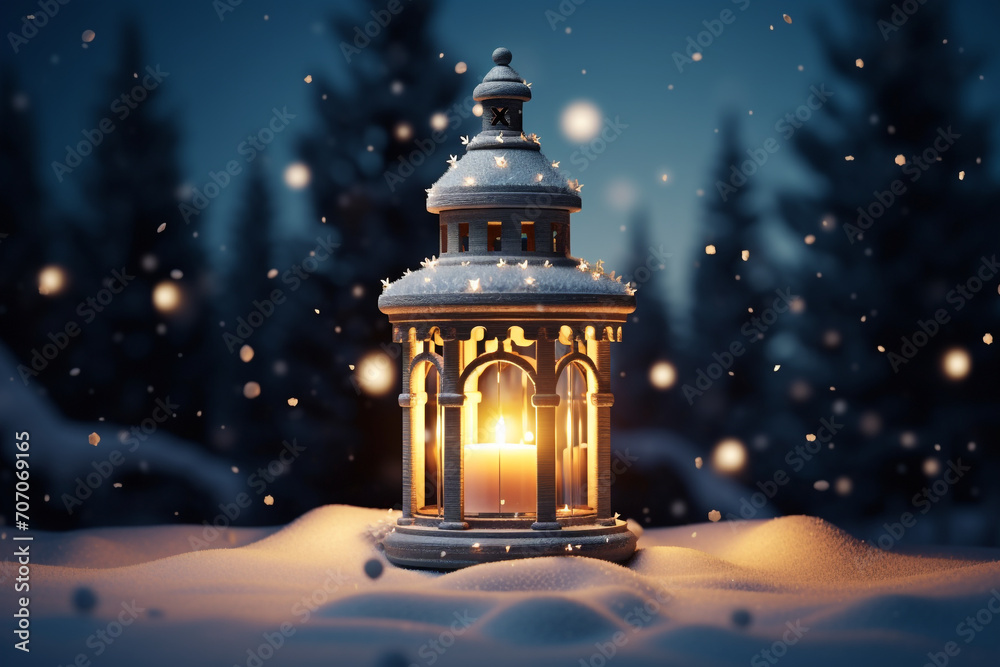 Lantern as house in snow with candle Lantern as house in snow with candle