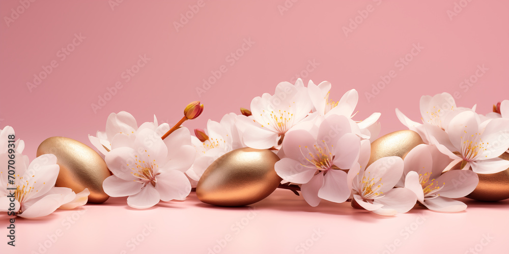 Golden eggs with white flowers on a pink background. Generated by Artificial Intelligence Golden eggs with white flowers on a pink background. Generated by Artificial Intelligence