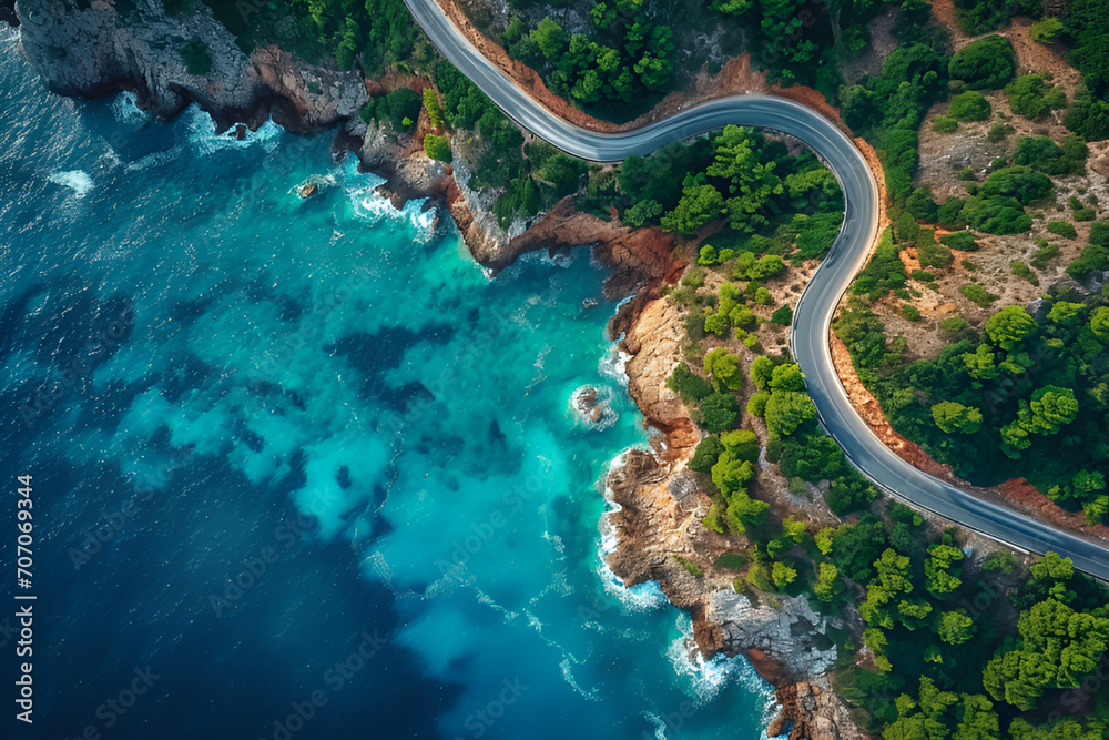 Aerial view of road along the ocean, beautiful view - obrazy, fototapety, plakaty 