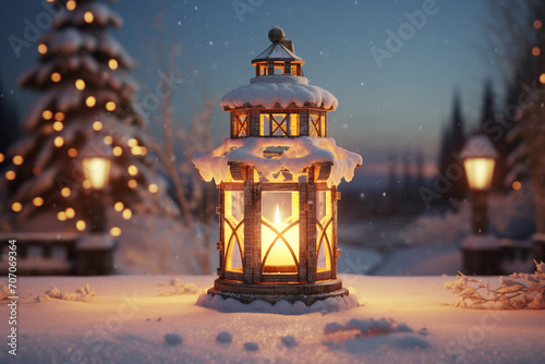 Lantern as house in snow with candle © Robin