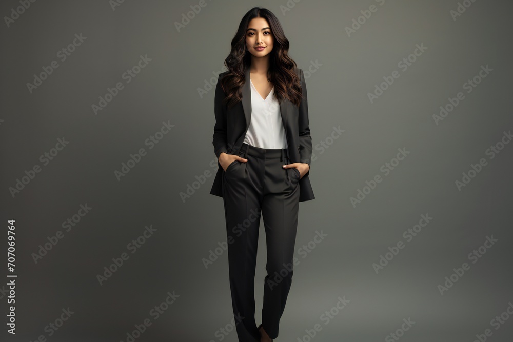 portrait of a businesswoman person in full height. full body seen. wearing a business suit. handsome asian american woman. looking forward portrait of a businesswoman person in full height. full body seen. wearing a business suit. handsome asian american woman. looking forward