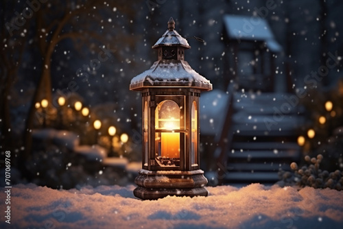 Lantern as house in snow with candle © Robin