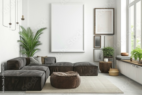 Mock up frame poster in scandinavian style livingroom with fabric sofa © Glce