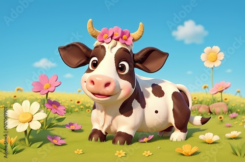 Cute cartton cow on the field with flowers in sunny day. AI generated