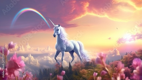 Magic unicorn beautiful sky with rainbow wallpaper image Ai generated art © Manik007