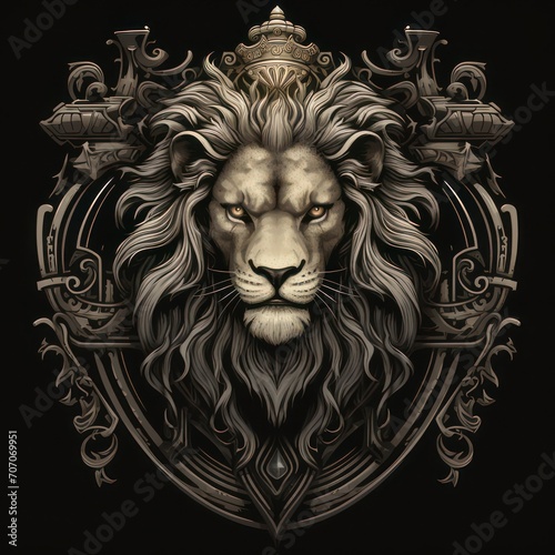 Lion king head illustration design with crown, classic baroque style.