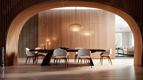 Minimalist interior design of modern dining room with abstract wood paneling arched wall