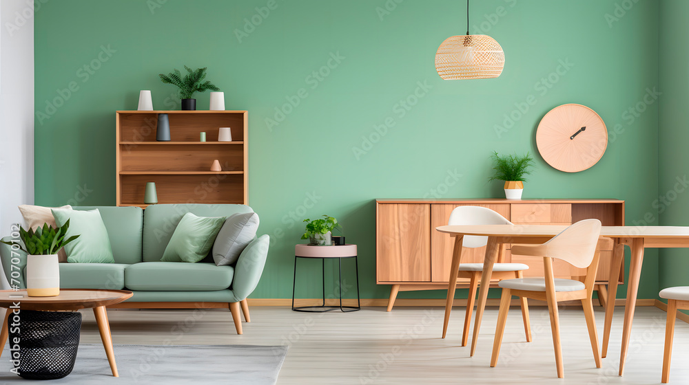 Fototapeta premium chairs at the round wooden dining table in the room with sofa and closet near the green wall. Scandinavian, mid-century modern living home interior design