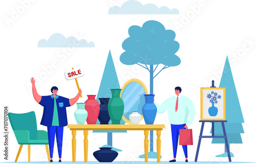 Two men at outdoor pottery market sale, vendor holding a sale sign and customer with shopping bag. Art fair and handmade ceramic pottery shopping vector illustration.