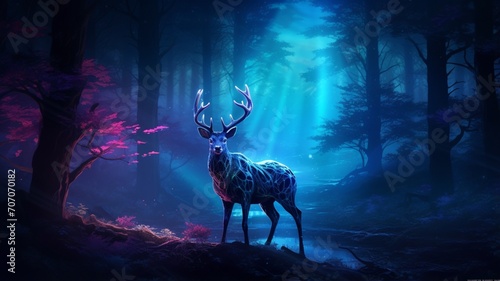 Old deer forest neon light fantasy illustration picture Ai generated art © Manik007