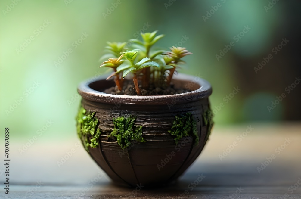 tiny green plant in classic flowerpot close-up photograph, plant macro photograph tiny green plant in classic flowerpot close-up photograph, plant macro photograph