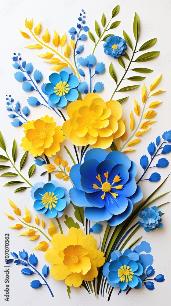 Abstract bouquet from blue and yellow flowers