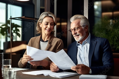 Two professional executives discussing financial accounting papers working together in office. Mature business woman manager consulting older man client holding legal documents at meeting