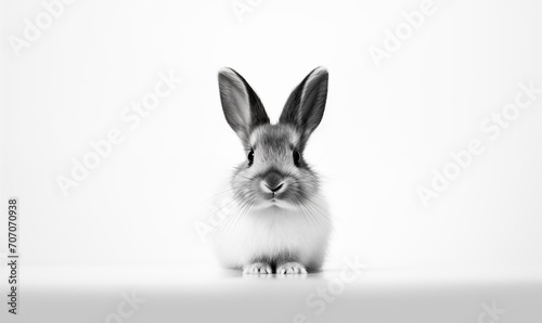 Cute fluffy black and white rabbit on a light background. Generated by artificial intelligence. 