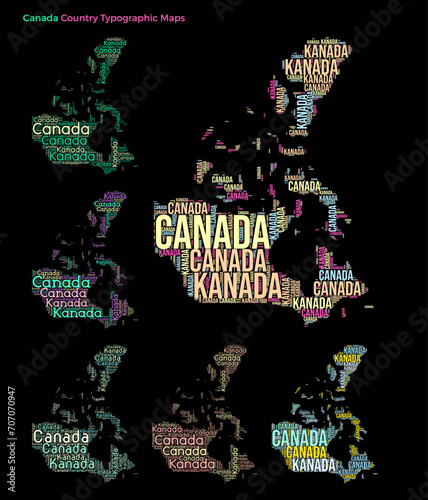 Canada. Set of typography style country illustrations. Canada map shape build of horizontal and vertical country names. Vector illustration.